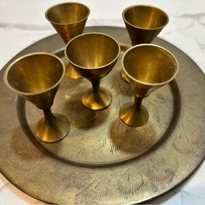 Vintage Brass Engraved Tray and Set of Five Small Vessels  Made India MCM Decor